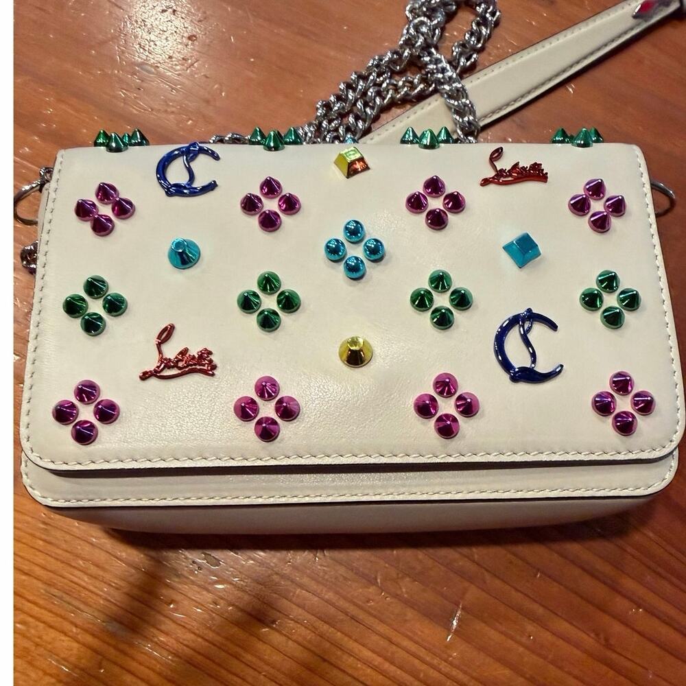 Christian Louboutin Paloma Studded Leather Crossbody Shoulder Clutch Bag Cream